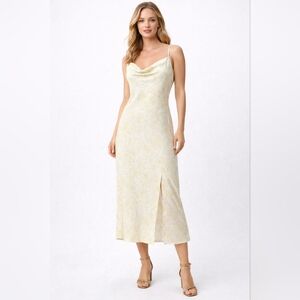 NWOT Paper heart yellow floral roses cottage satin cowel neck slip dress sz M